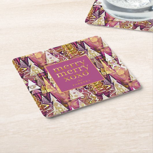 マゼンタ金ゴールドメリークリスマスパターン#25 ID1009 スクエアペーパーコースター (アングル)