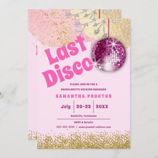 マゼンタ金ゴールドラストディスコレトログラムバチェロレッテ 招待状 (正面/裏面)