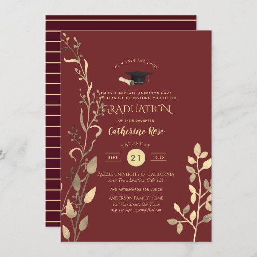 マゼンタ金ゴールド卒業式パーティの招待状 招待状 (正面/裏面)