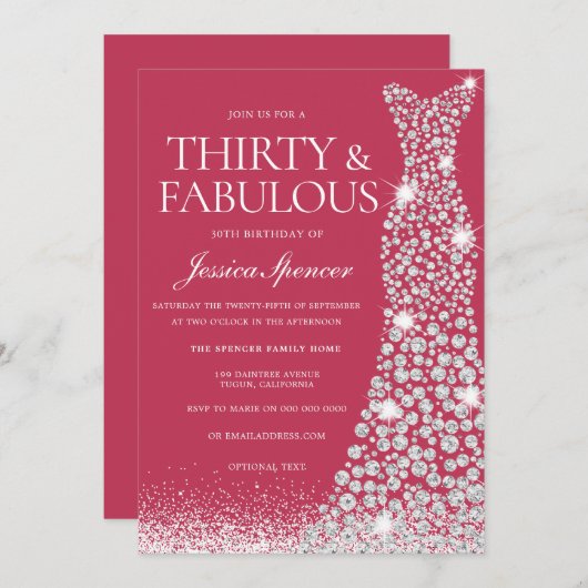 マゼンタ30歳と素晴らしい30歳の誕生日ドレス 招待状 (正面/裏面)