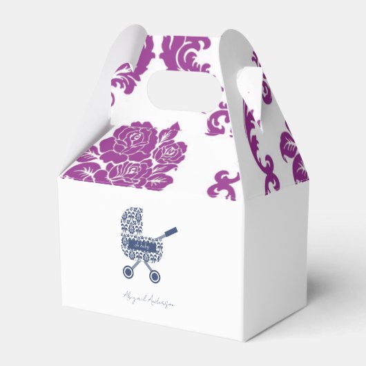 マゼンタ&ネイビーダマスクPramベビーシャワー フェイバーボックス (裏面サイド)