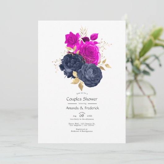 マゼンタ ネイビー ゴールド フラワー カップルシャワー 招待状 (スタンド正面)