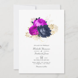 マゼンタ ネイビー ゴールド フローラル ウェディング インビテーション