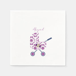 マゼンタ & ネイビー ダマスク  プラム フラワー ベビーシャワー スタンダードカクテルナプキン