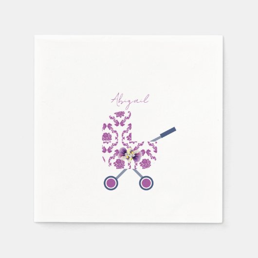 マゼンタ & ネイビー ダマスク  プラム フラワー ベビーシャワー スタンダードカクテルナプキン (正面)