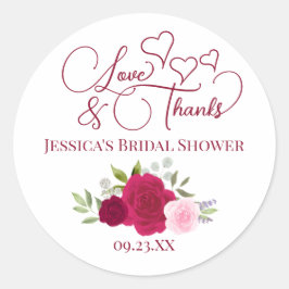 マゼンタ & ピンクのバラの愛と感謝の花嫁シャワー ラウンドシール