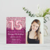 マゼンタ+ピンクのラメ 15歳の誕生日パーティーの写真 招待状 (スタンド正面)