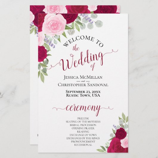 マゼンタ&ピンクボホフローラ予算結婚式 プログラム (正面/裏面)