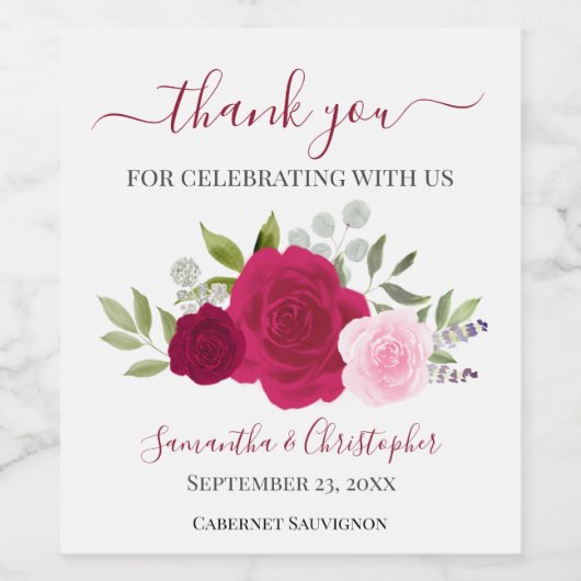 マゼンタ&ピンクローズエレガントな結婚式ありがとう ワインラベル (シングルラベル)