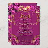 マゼンタ ピンク ゴールド ローズ チャロ ウエスタン キンセアニエラ 招待状 (正面/裏面)