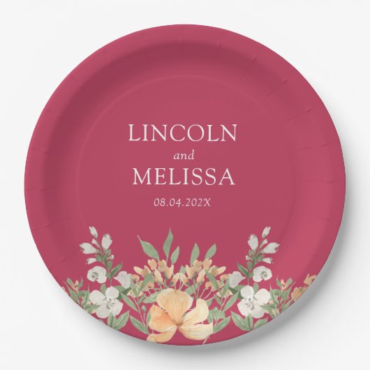マゼンタ、ピーチ、ホワイトのフローラ結婚ズ ペーパープレート (正面)