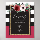 マゼンタ フローラル ブラック ホワイト ストライプ ウェディング フェイバー ポスター (正面)