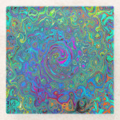 マゼンタ、ブルー、および海泡グリーンレトロ渦巻き ガラスコースター (正面)