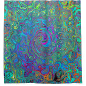 マゼンタ、ブルー、および海泡グリーンレトロ渦巻き シャワーカーテン (正面)