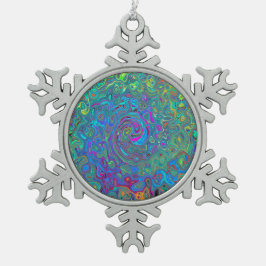 マゼンタ、ブルー、および海泡グリーンレトロ渦巻き スノーフレークピューターオーナメント