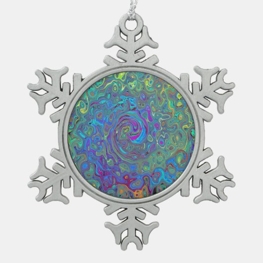マゼンタ、ブルー、および海泡グリーンレトロ渦巻き スノーフレークピューターオーナメント (正面)