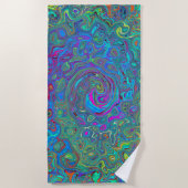 マゼンタ、ブルー、および海泡グリーンレトロ渦巻き ビーチタオル (正面)