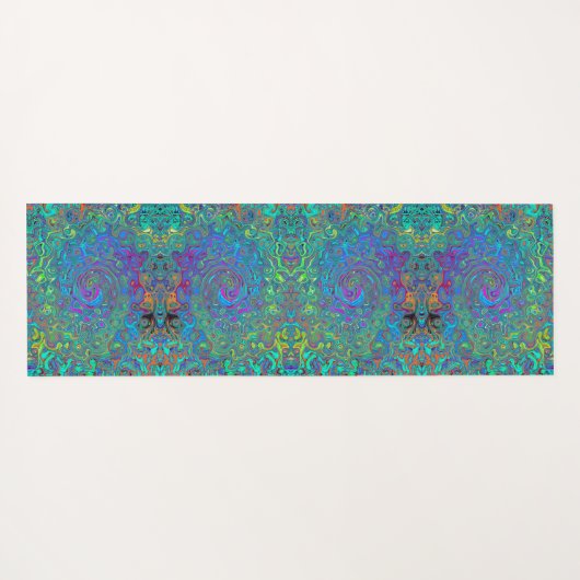 マゼンタ、ブルー、および海泡グリーンレトロ渦巻き ヨガマット (裏面(横))