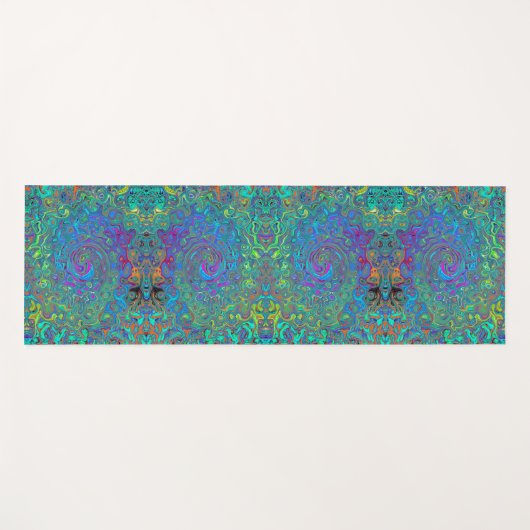 マゼンタ、ブルー、および海泡グリーンレトロ渦巻き ヨガマット (正面(横))