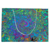 マゼンタ、ブルー、および海泡グリーンレトロ渦巻き ラージペーパーバッグ (裏面)