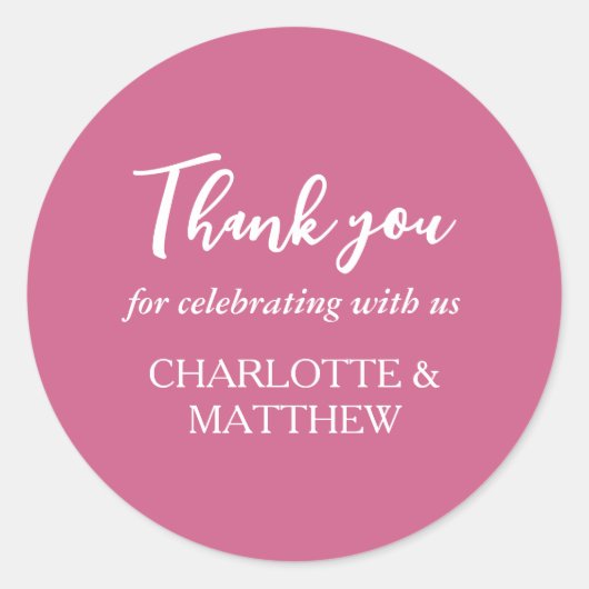 マゼンタ&ホワイトの結婚ラウンドクラシックステッカー ラウンドシール (正面)