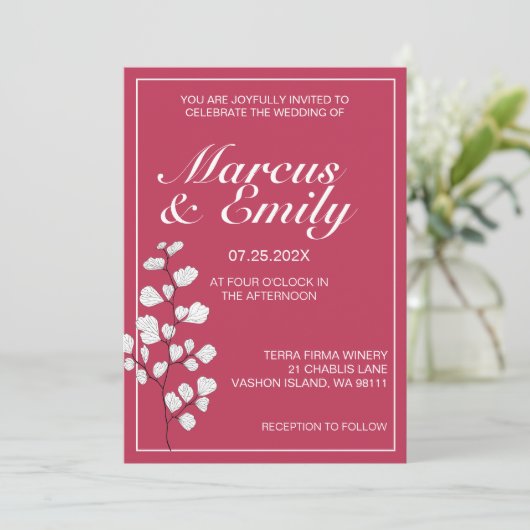 マゼンタ&ホワイトフローラトレンディー結婚式招待状 招待状 (スタンド正面)