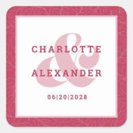 マゼンタ レッド モダン ウェディング おしゃれな花嫁 & 花婿 スクエアシール