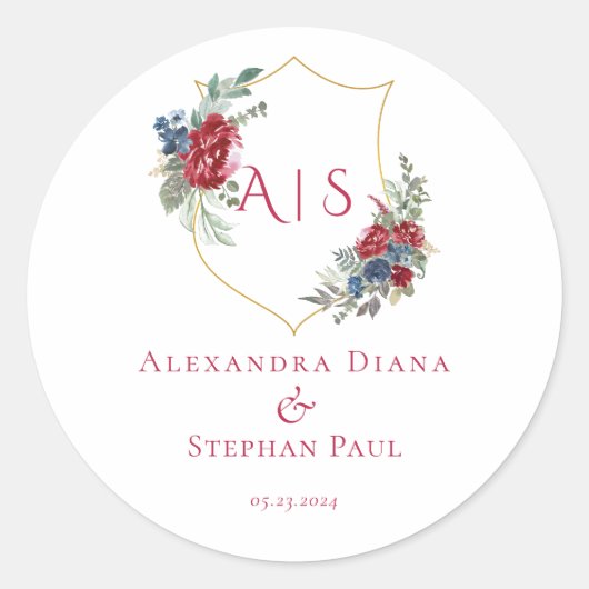 マゼンタ ヴィンテージ ボタニカル フローラル クレスト モノグラム ラウンドシール (正面)