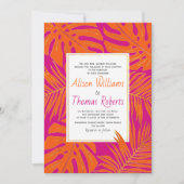 マゼンダおよびオレンジ色葉の熱帯結婚 招待状 (正面)