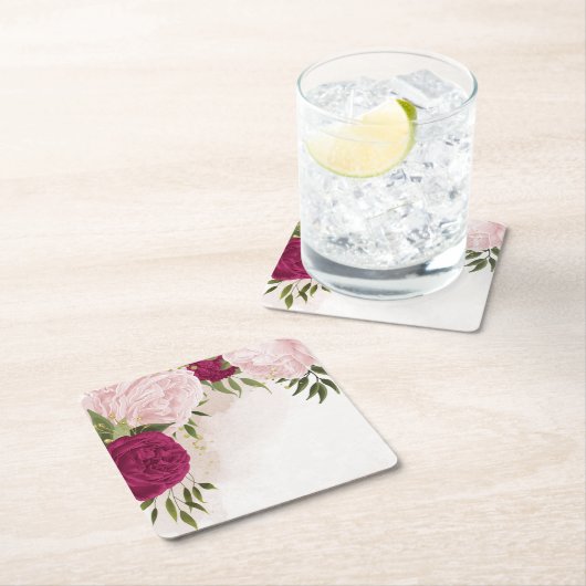 マゼンダとピンクの花の結婚緑 スクエアペーパーコースター (インサイチュ)