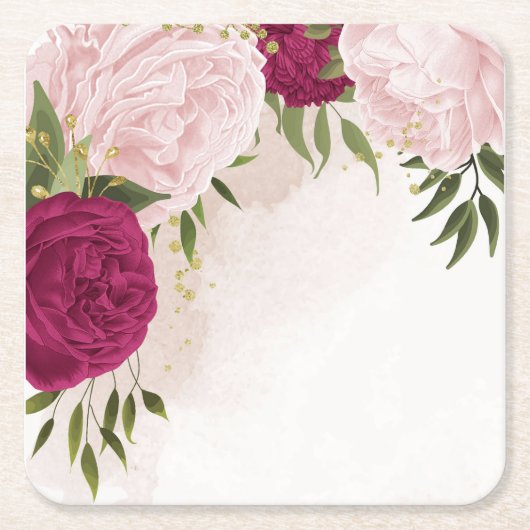 マゼンダとピンクの花の結婚緑 スクエアペーパーコースター (正面)