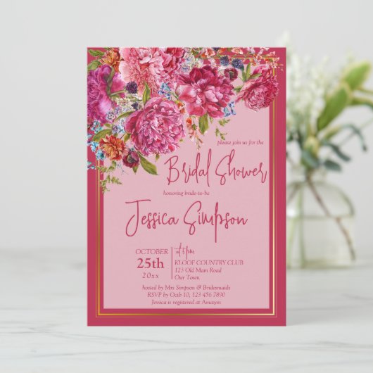 マゼンダエレガントブルゴーニュ牡丹ブライダルシャワー 招待状 (スタンド正面)