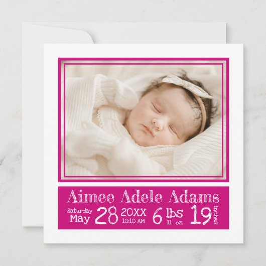 マゼンダストライプベビーフォト誕生の状態 案内状 (正面)