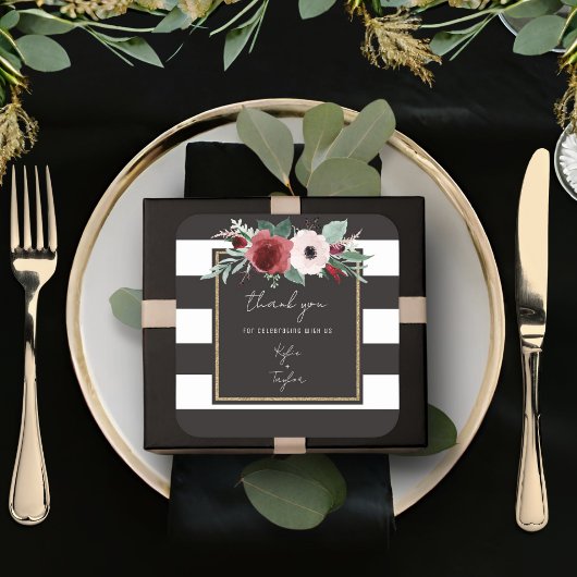 マゼンダフローラブラックストライプカップルネーム結婚ズ スクエアシール