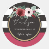 マゼンダフローラブラックストライプカップルネーム結婚ズ ラウンドシール (正面)