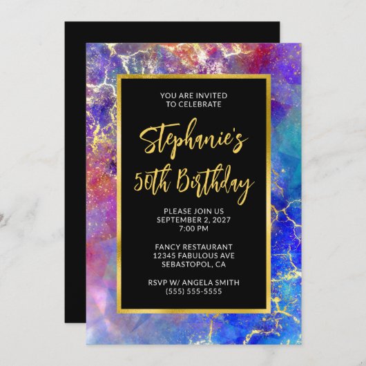 マゼンダ王室のブルー金ゴールドファイヤーオパール50誕生日 招待状 (正面/裏面)