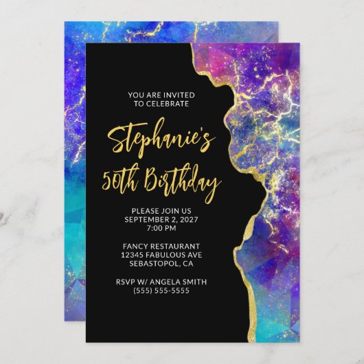 マゼンダ王室のーブルーファイヤーオパール金ゴールド50誕生日 招待状 (正面/裏面)