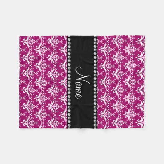 マゼンパーソナライズされたタピンクホワイトダマスク名 フリースブランケット (正面(横))