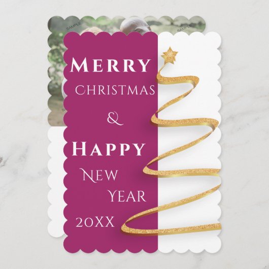 マゼンモダンタおよび白のクリスマスグリーティングカード サンキューカード (正面/裏面)