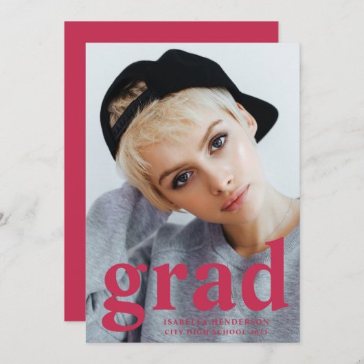 マゼンモダンタタイポグラフィ写真卒業 案内状 (正面/裏面)