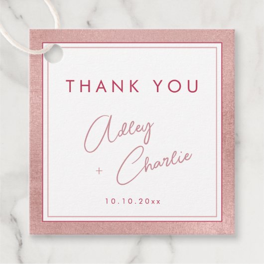 マゼンモダンタバラ金ゴールドミニマル結婚式の引き出物ラベル フェイバータグ (正面)