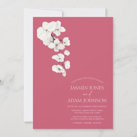 マゼンモダンタピンクの白い蘭の花結婚の数 招待状 (正面)