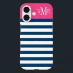 マゼンモダンタピンクネイビーストライプズカスタムモノグラム iPhone 16ケース<br><div class="desc">あなたのiphoneをドレスアップし保護て、あなたの最初のミドルネームのイニシャルとセリフフォントでシンプルは、とパタスタイリッシューンデザインを使用して。濃いネイビーブルーと白い水平ストライプ色は、明るい熱いマゼンタピンク色のブロックの背景と対照的である。</div>