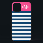 マゼンモダンタピンクネイビーストライプズカスタムモノグラム iPhone 12ケース<br><div class="desc">あなたのiphoneをドレスアップし保護て、あなたの最初のミドルネームのイニシャルとセリフフォントでシンプルは、とパタスタイリッシューンデザインを使用して。濃いネイビーブルーと白い水平ストライプ色は、明るい熱いマゼンタピンク色のブロックの背景と対照的である。</div>