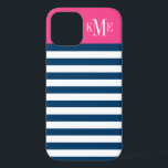 マゼンモダンタピンクネイビーストライプズカスタムモノグラム iPhone 12ケース<br><div class="desc">あなたのiphoneをドレスアップし保護て、あなたの最初のミドルネームのイニシャルとセリフフォントでシンプルは、とパタスタイリッシューンデザインを使用して。濃いネイビーブルーと白い水平ストライプ色は、明るい熱いマゼンタピンク色のブロックの背景と対照的である。</div>