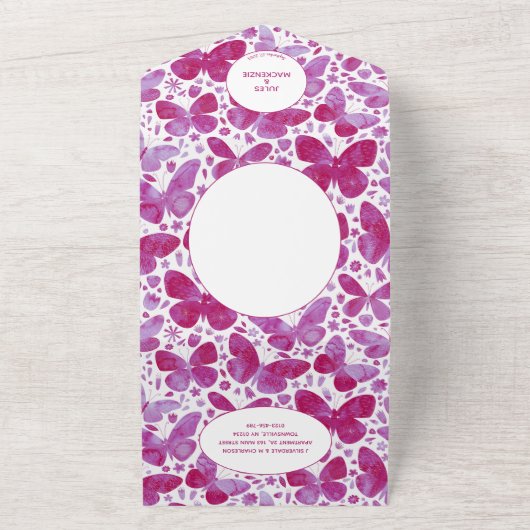 マゼンモダンタピンク水色バタフライ絵画ズ オールインワン招待状 (外側)