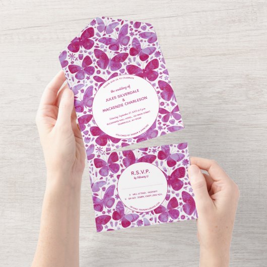 マゼンモダンタピンク水色バタフライ絵画ズ オールインワン招待状 (貼ってはがせる)