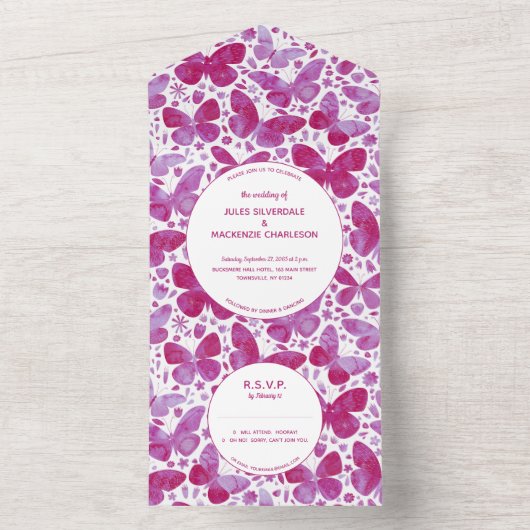 マゼンモダンタピンク水色バタフライ絵画ズ オールインワン招待状 (内側)