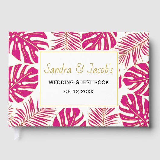 マゼンモダンタピンク、金ゴールド熱葉帯結婚の ゲストブック (正面)