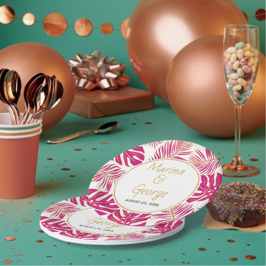 マゼンモダンタピンク、金ゴールド熱葉帯結婚の ペーパープレート (複数)